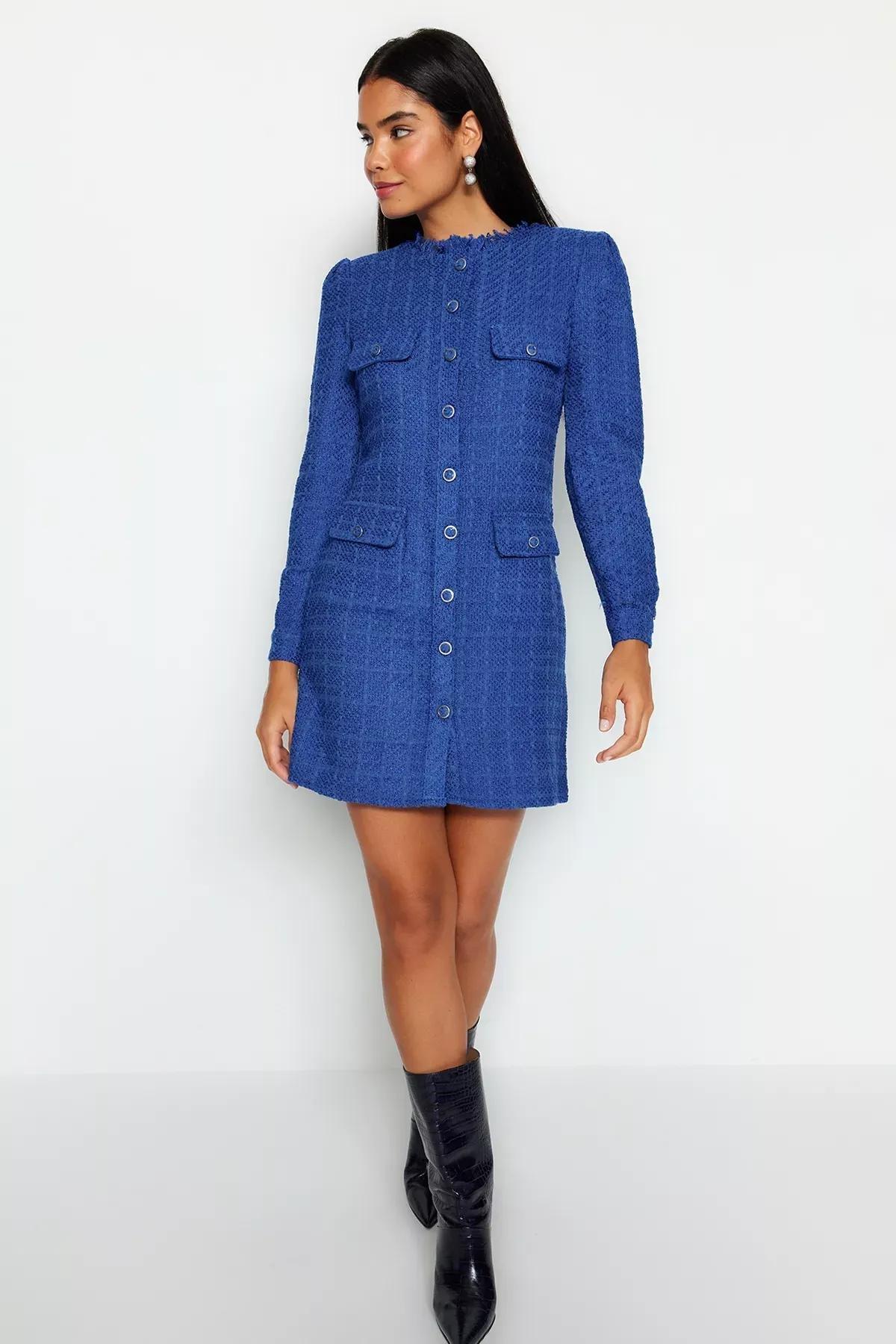 Round Neck Textured Shirt Dress, Sax, large image number 0