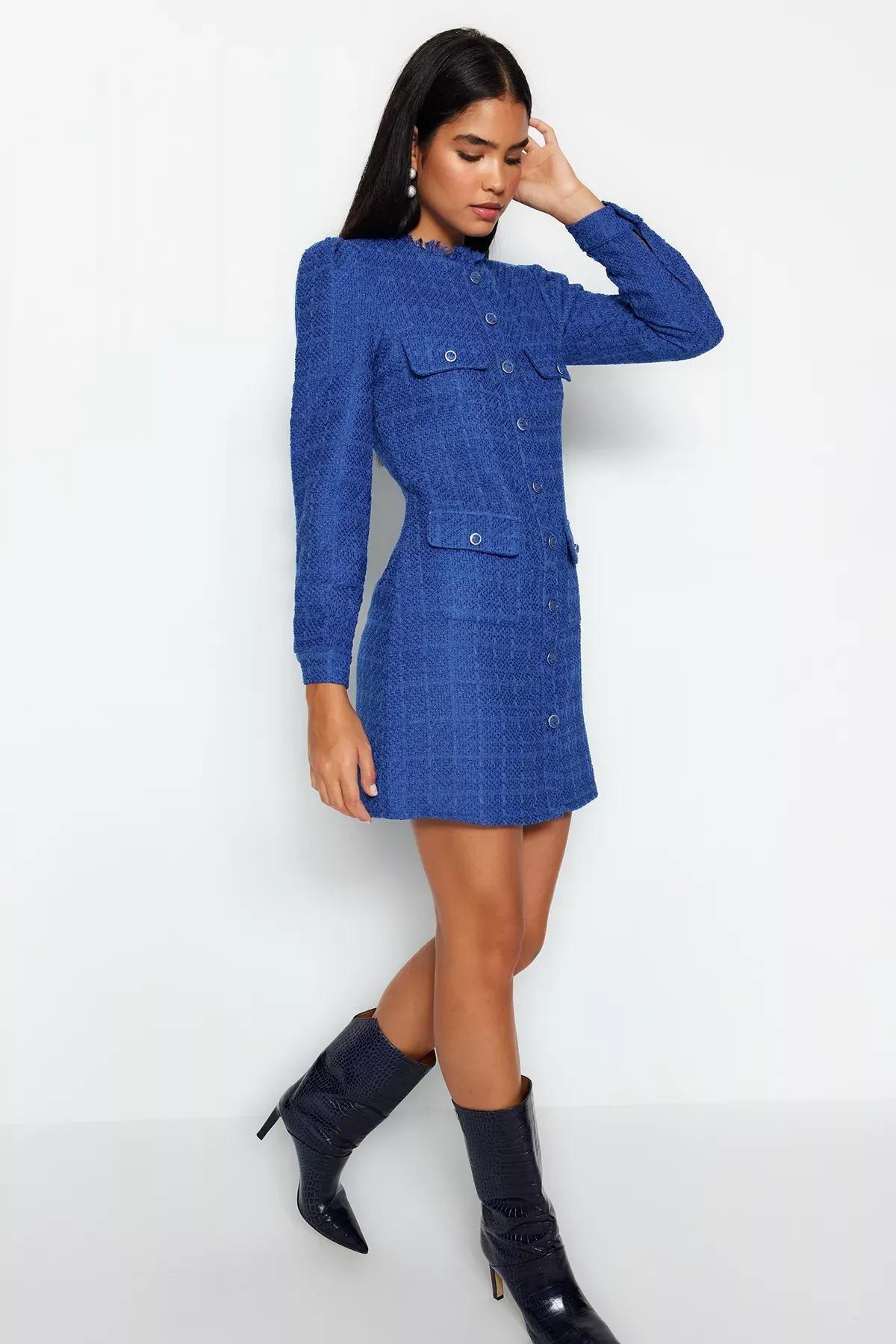 Round Neck Textured Shirt Dress, Sax, large image number 1