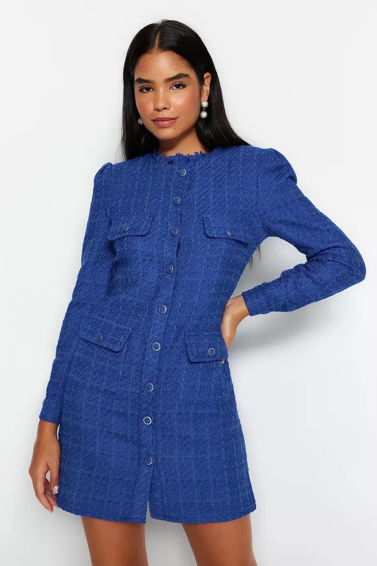 Round Neck Textured Shirt Dress, Sax, medium