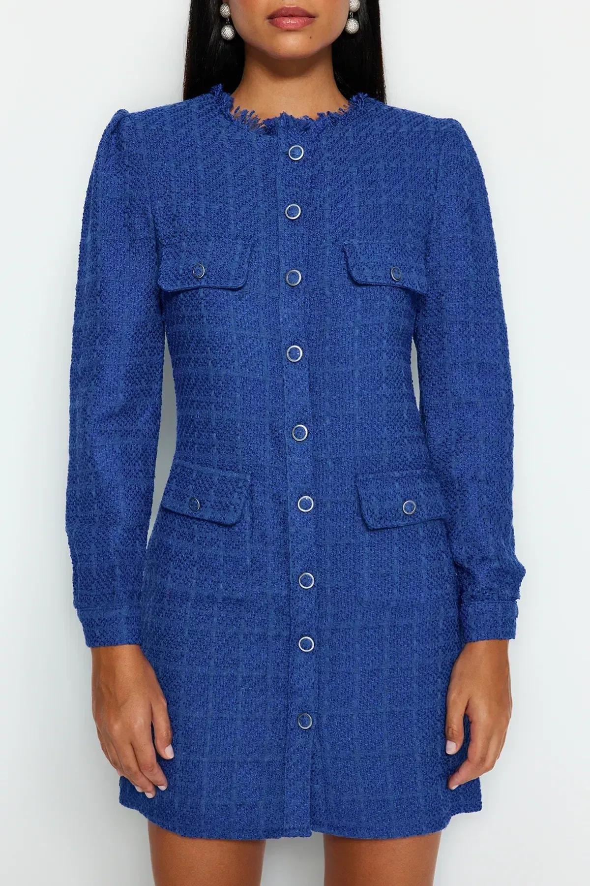 Round Neck Textured Shirt Dress, Sax, large image number 3