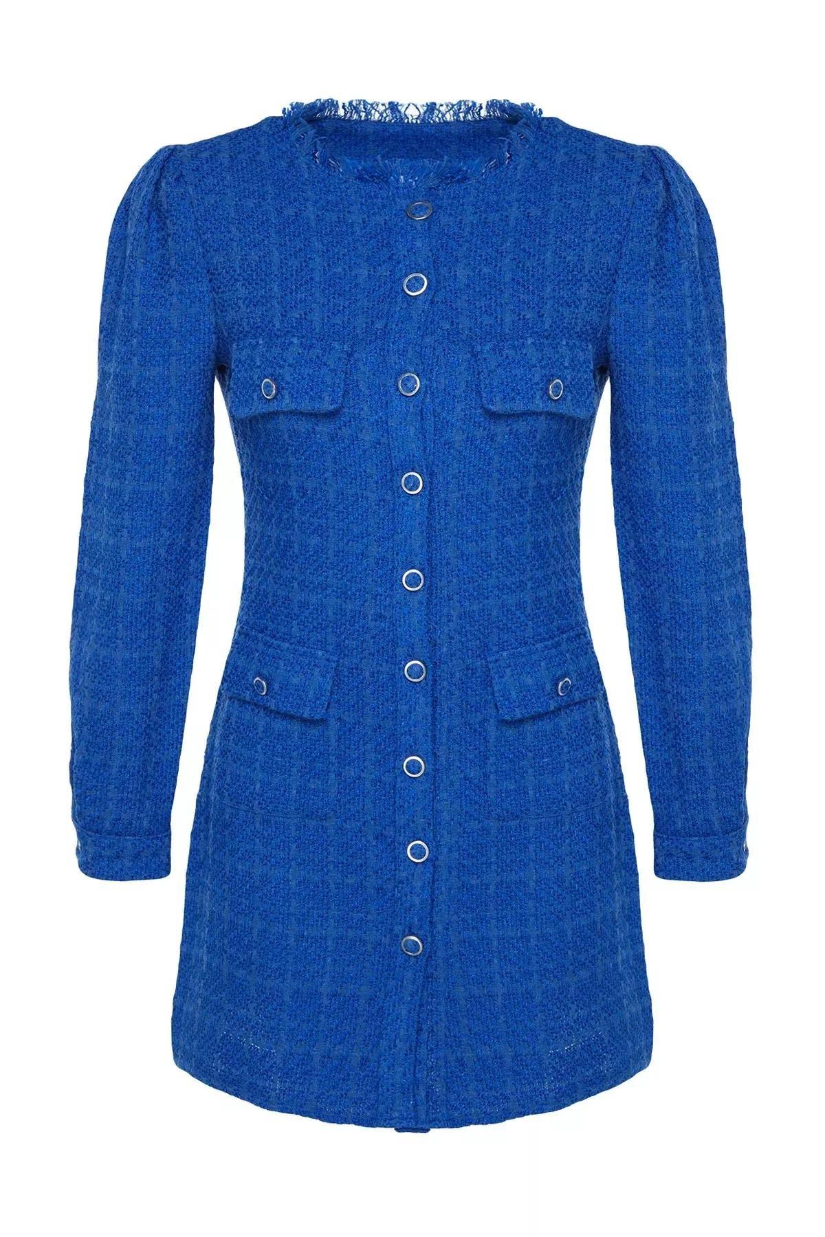 Round Neck Textured Shirt Dress, Sax, large image number 5