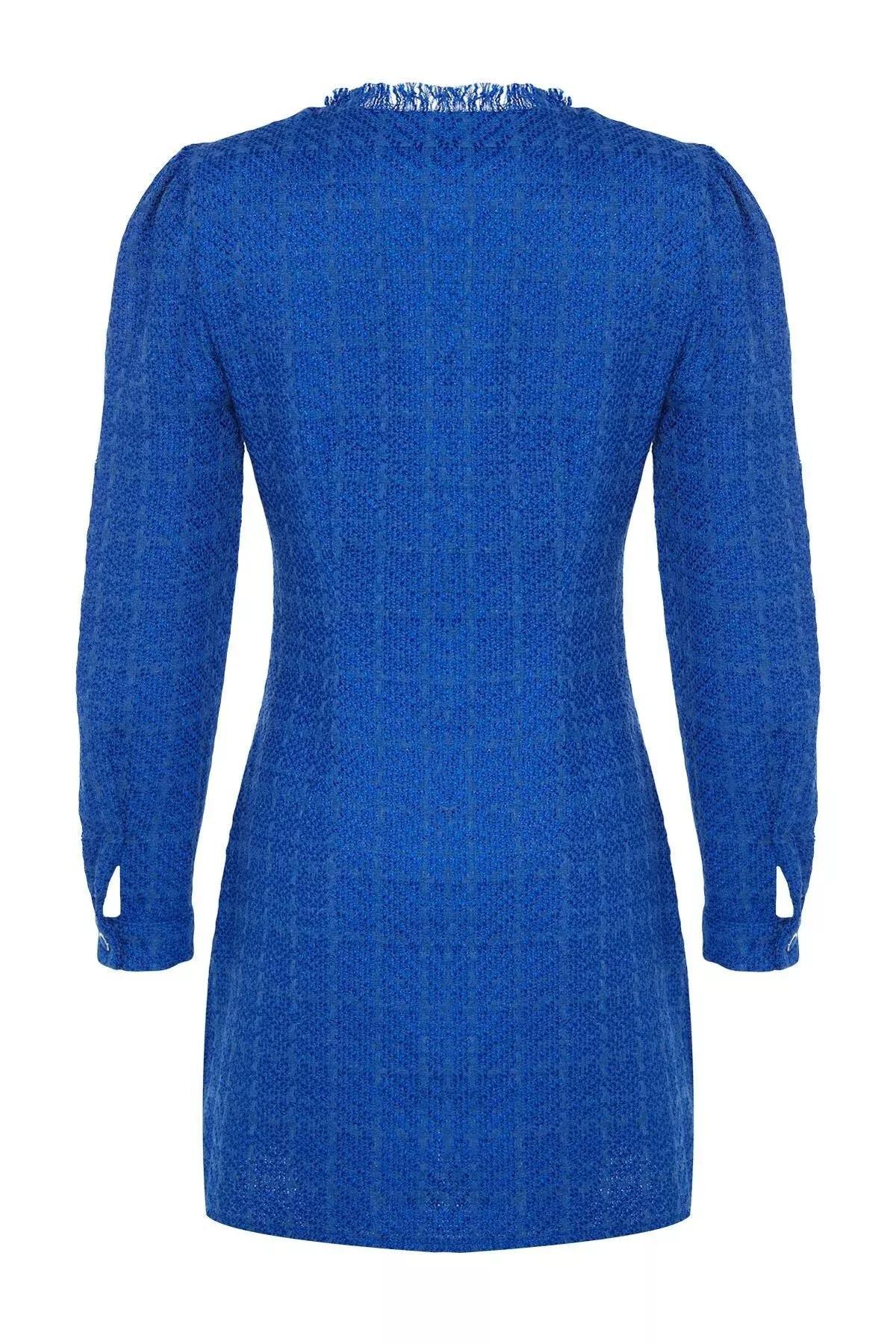 Round Neck Textured Shirt Dress, Sax, large image number 6