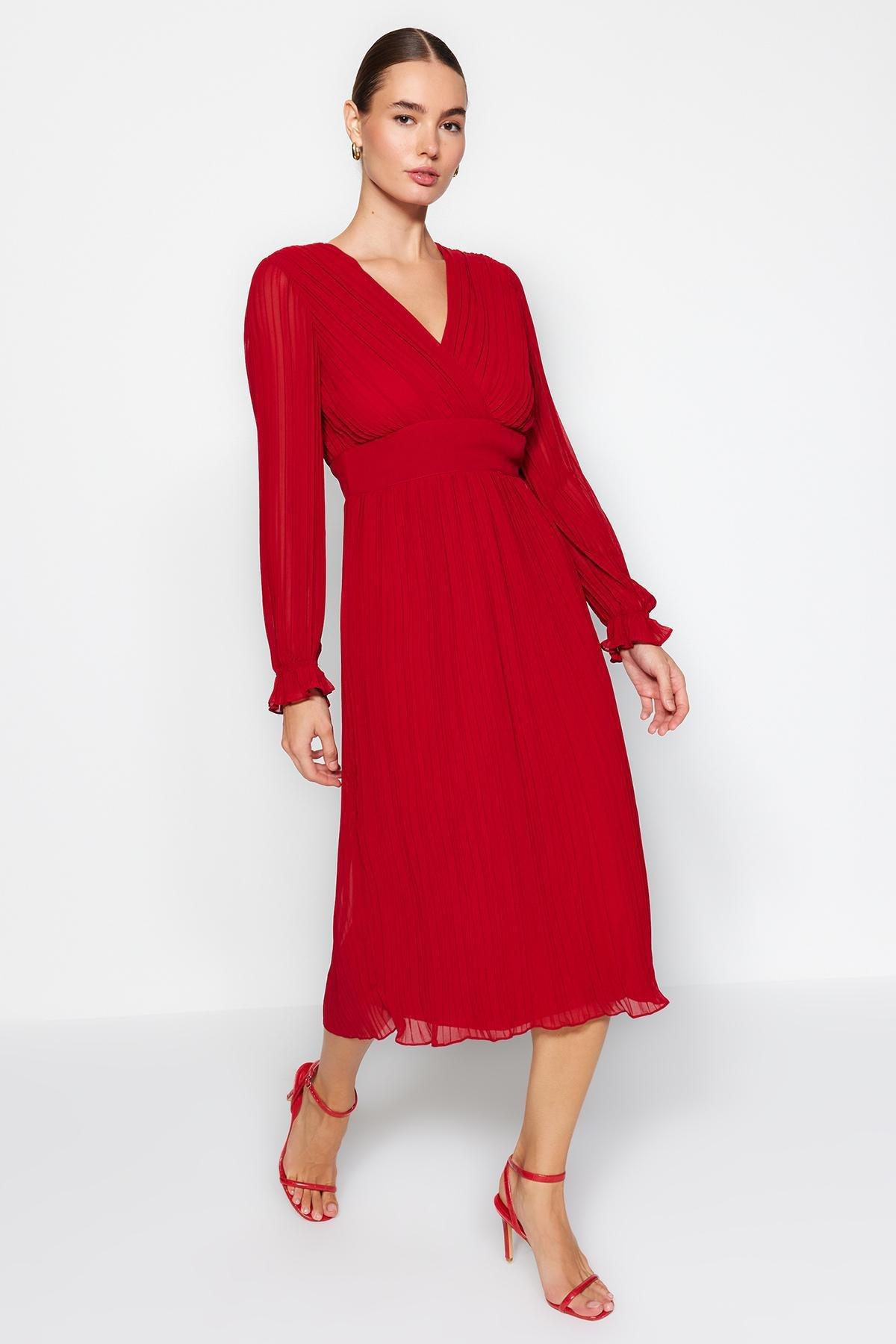 Trendyol - Red Pleated Lined Woven Dress