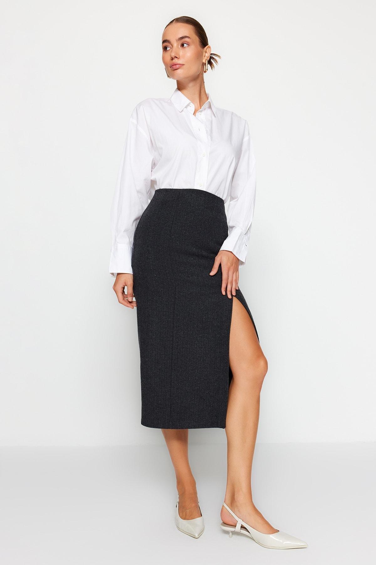 Black Slit Detailed Midi Skirt, BLACK, large image number 1