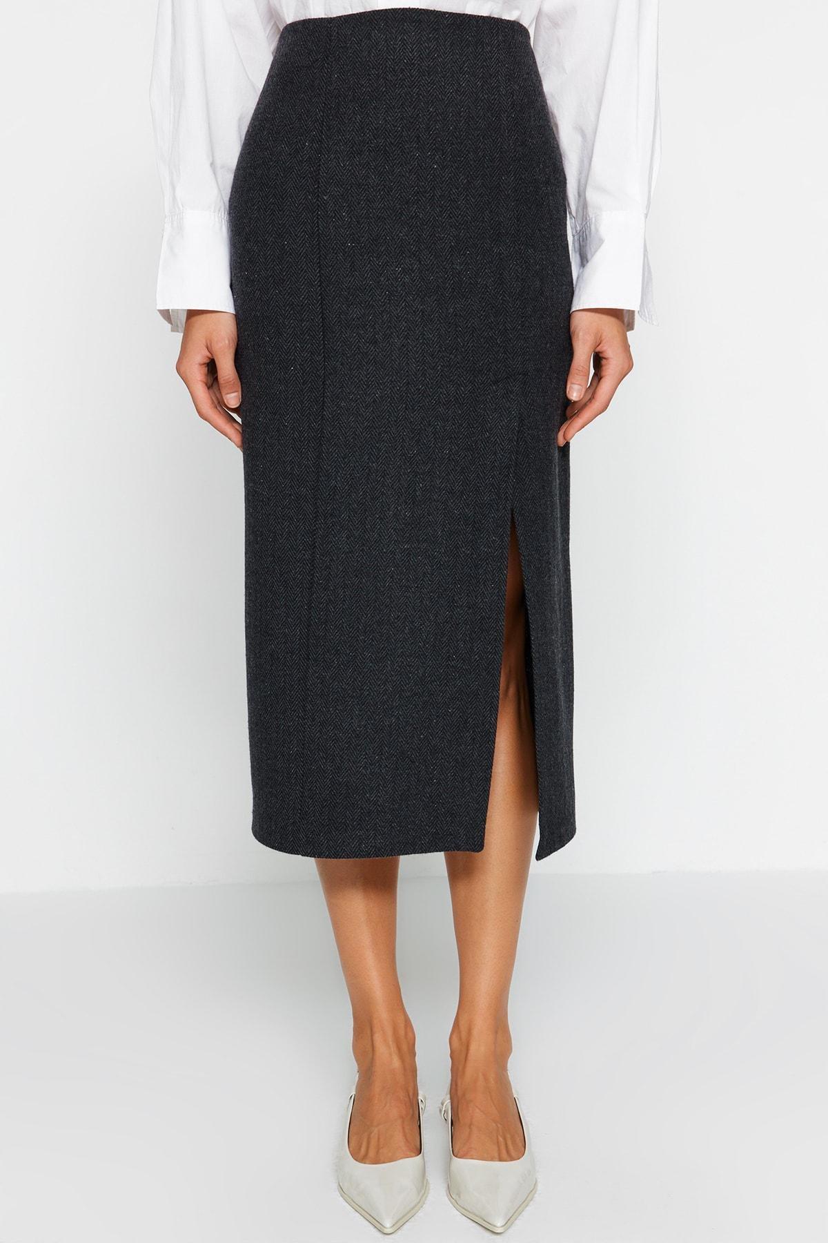 Black Slit Detailed Midi Skirt, BLACK, large image number 3