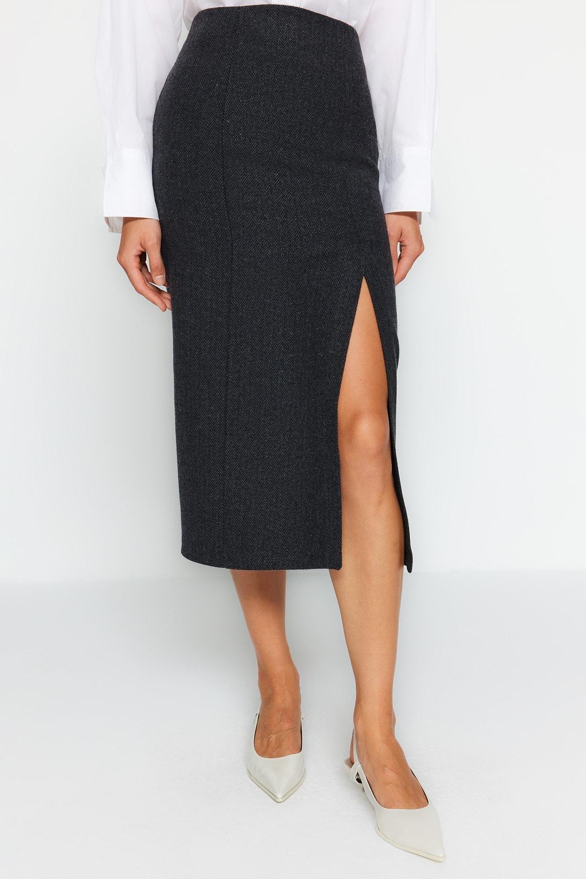 Black Slit Detailed Midi Skirt, BLACK, large image number 4