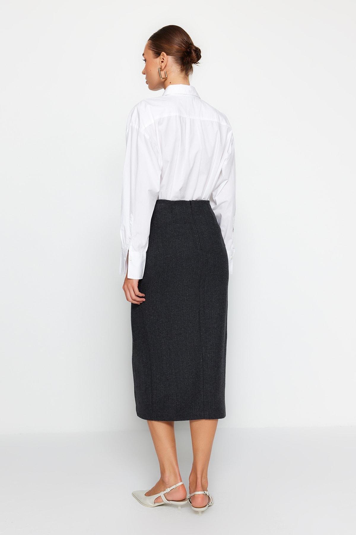 Black Slit Detailed Midi Skirt, BLACK, large image number 5