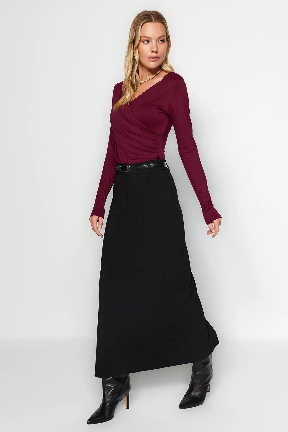 Red V-Neck Pleated Knitted Bodysuit, Burgundy, large image number 1