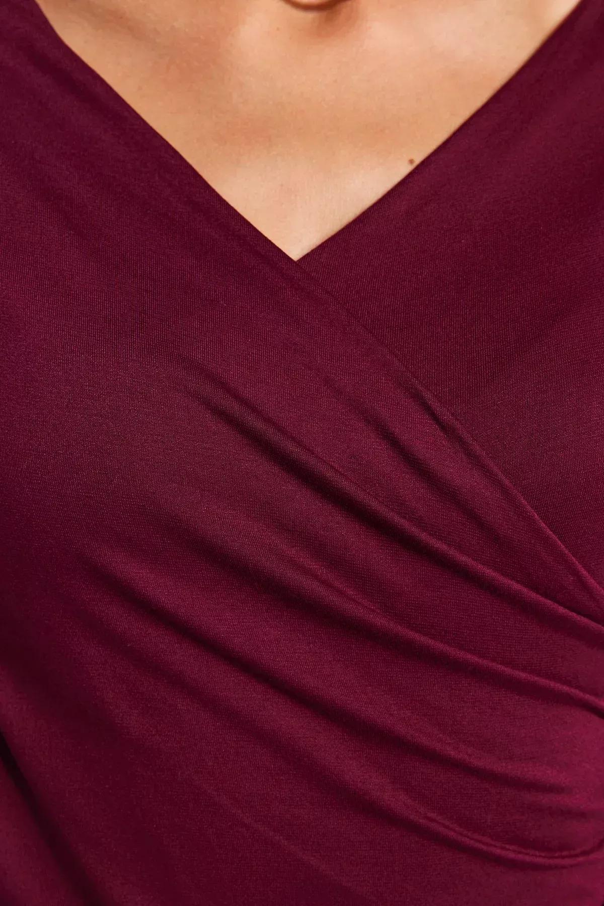 Red V-Neck Pleated Knitted Bodysuit, Burgundy, large image number 4