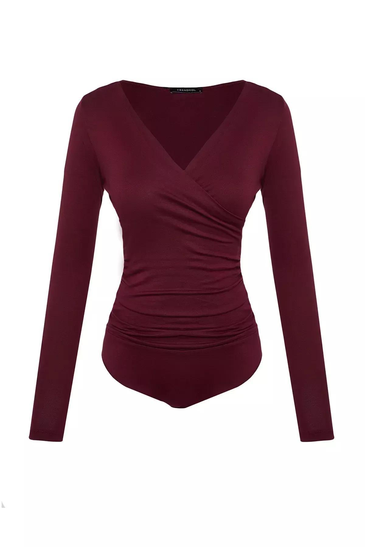 Red V-Neck Pleated Knitted Bodysuit, Burgundy, large image number 5