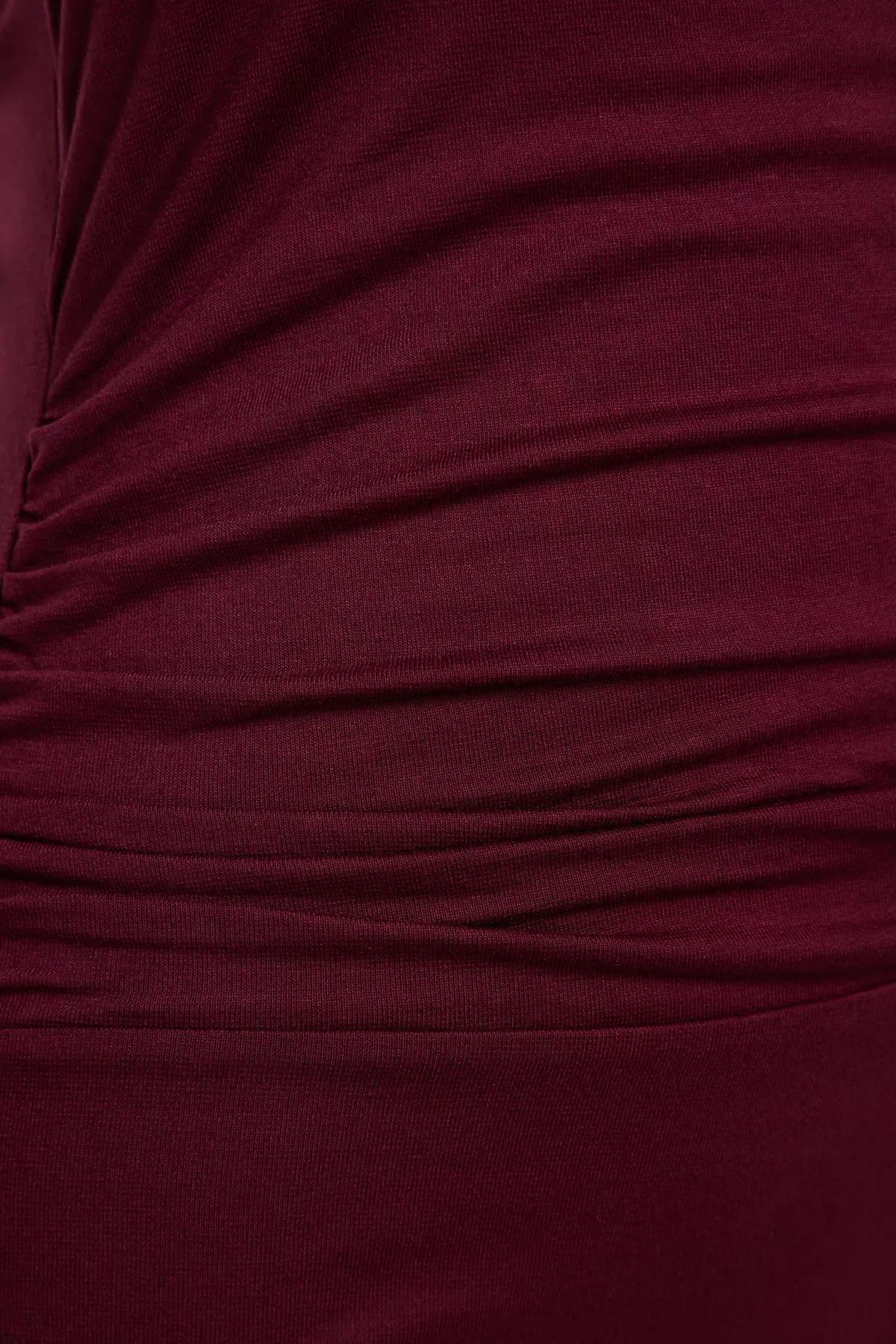 Red V-Neck Pleated Knitted Bodysuit, Burgundy, large image number 6