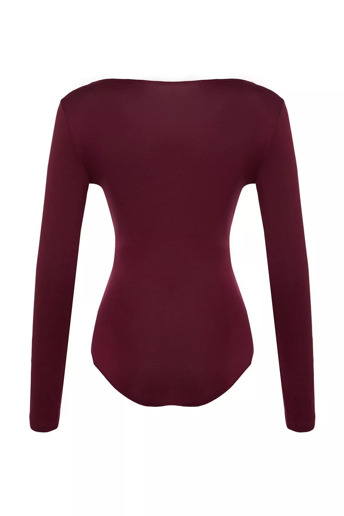 Red V-Neck Pleated Knitted Bodysuit, Burgundy, large image number 7