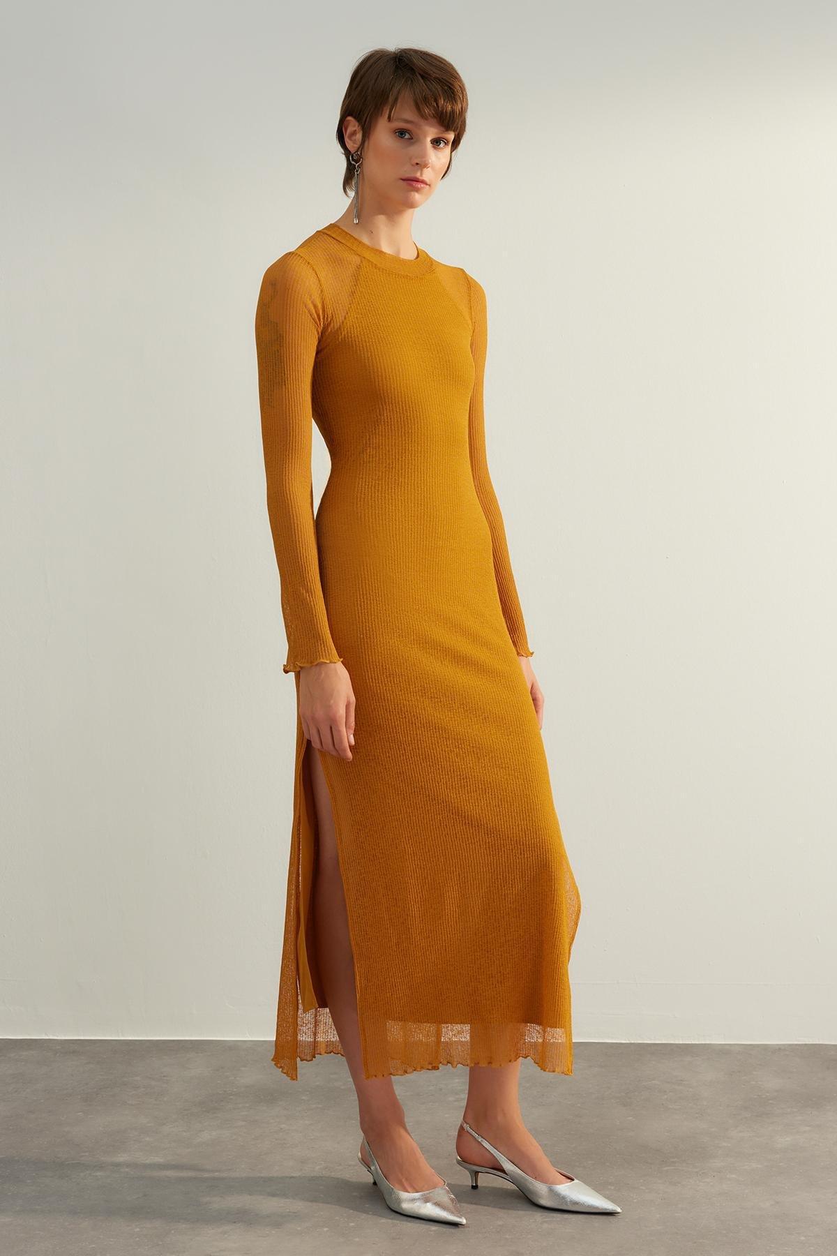 Trendyol - Yellow Textured Fitted Maxi Dress