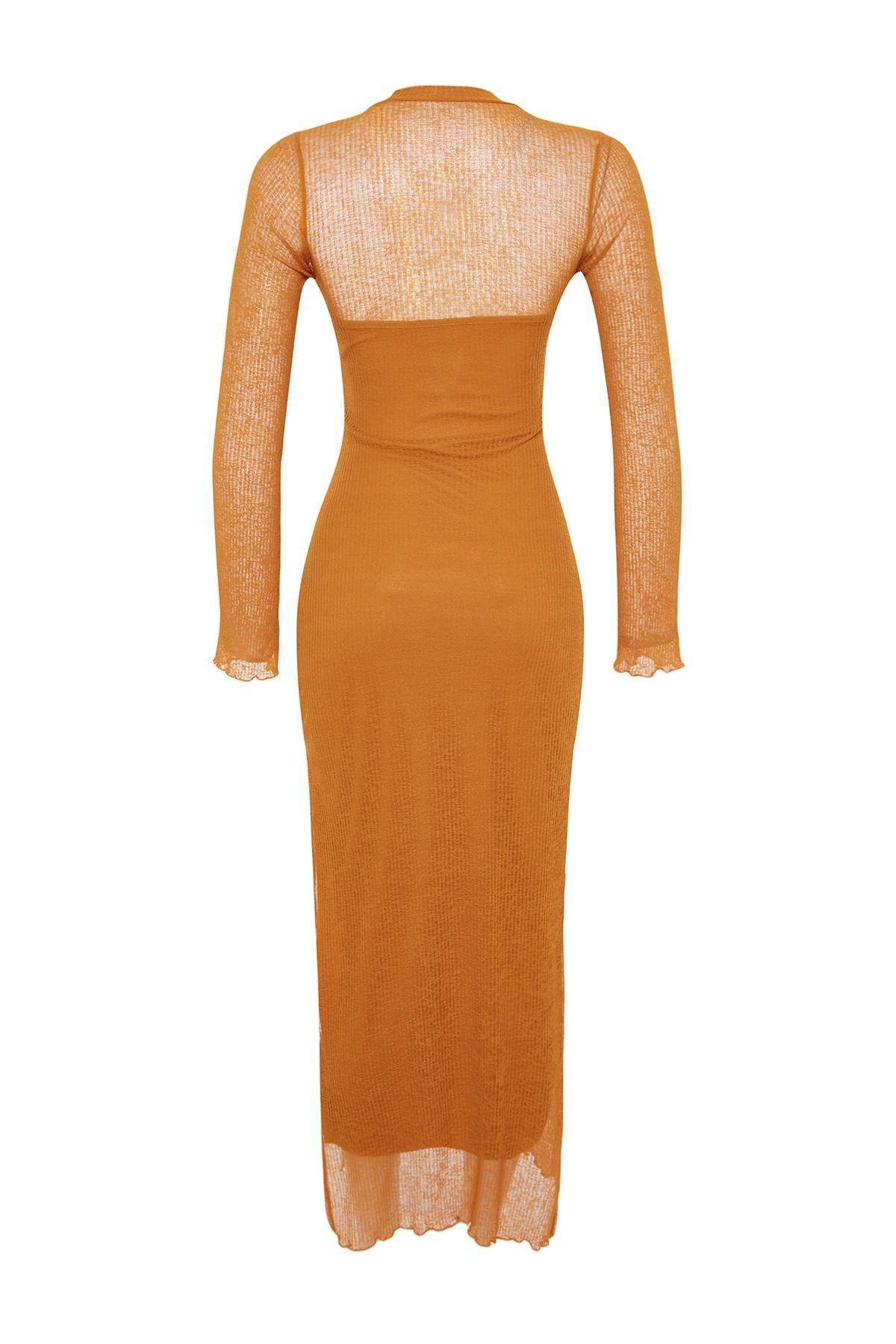 Trendyol - Yellow Textured Fitted Maxi Dress