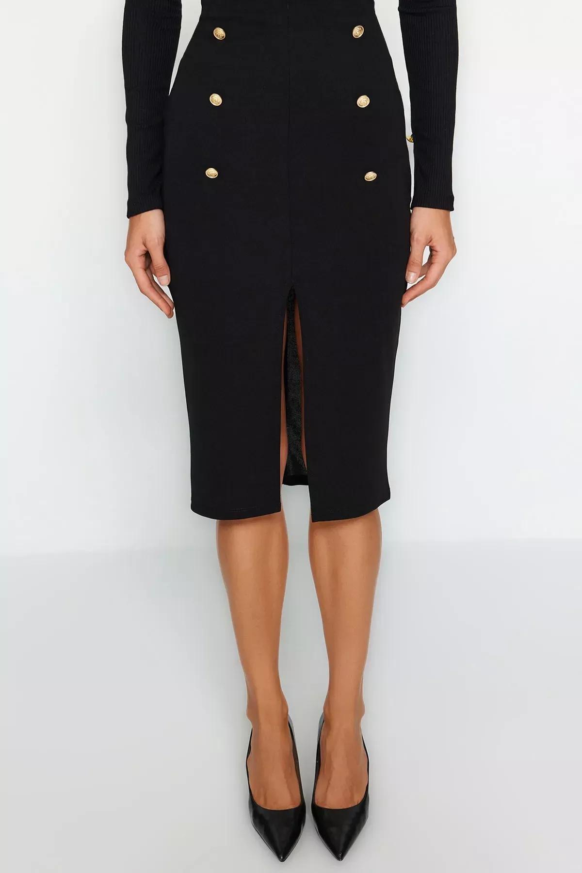Black Buttoned Slit Knitted Midi Skirt, BLACK, large image number 2