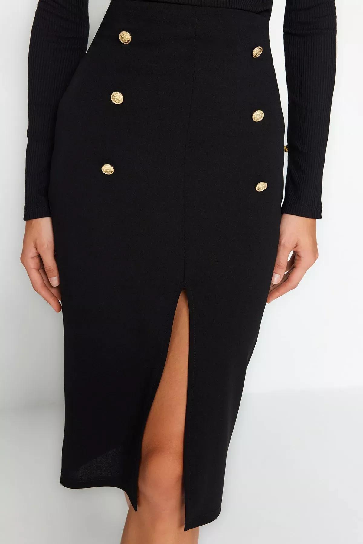 Black Buttoned Slit Knitted Midi Skirt, BLACK, large image number 3