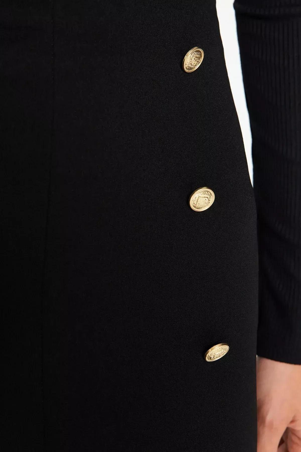 Black Buttoned Slit Knitted Midi Skirt, BLACK, large image number 4