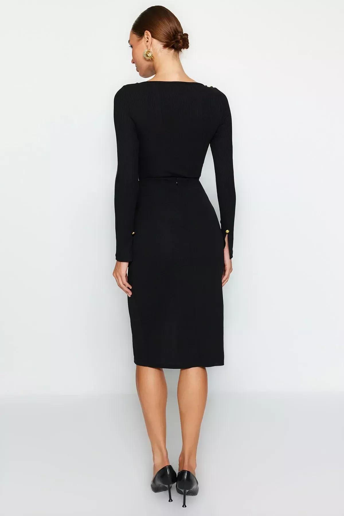 Black Buttoned Slit Knitted Midi Skirt, BLACK, large image number 5