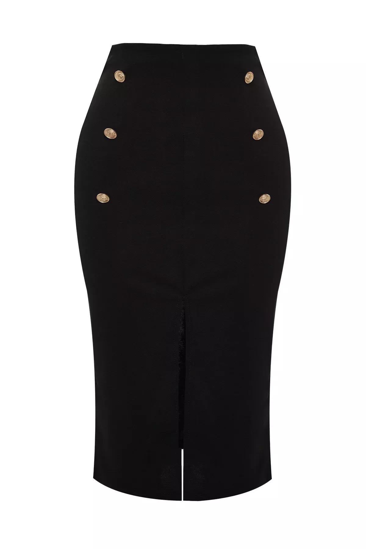 Black Buttoned Slit Knitted Midi Skirt, BLACK, large image number 6