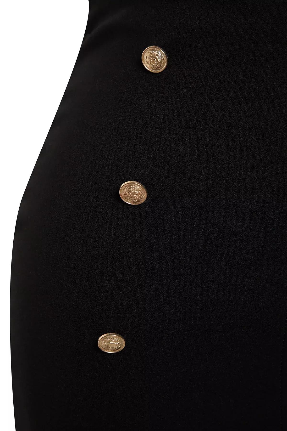 Black Buttoned Slit Knitted Midi Skirt, BLACK, large image number 7