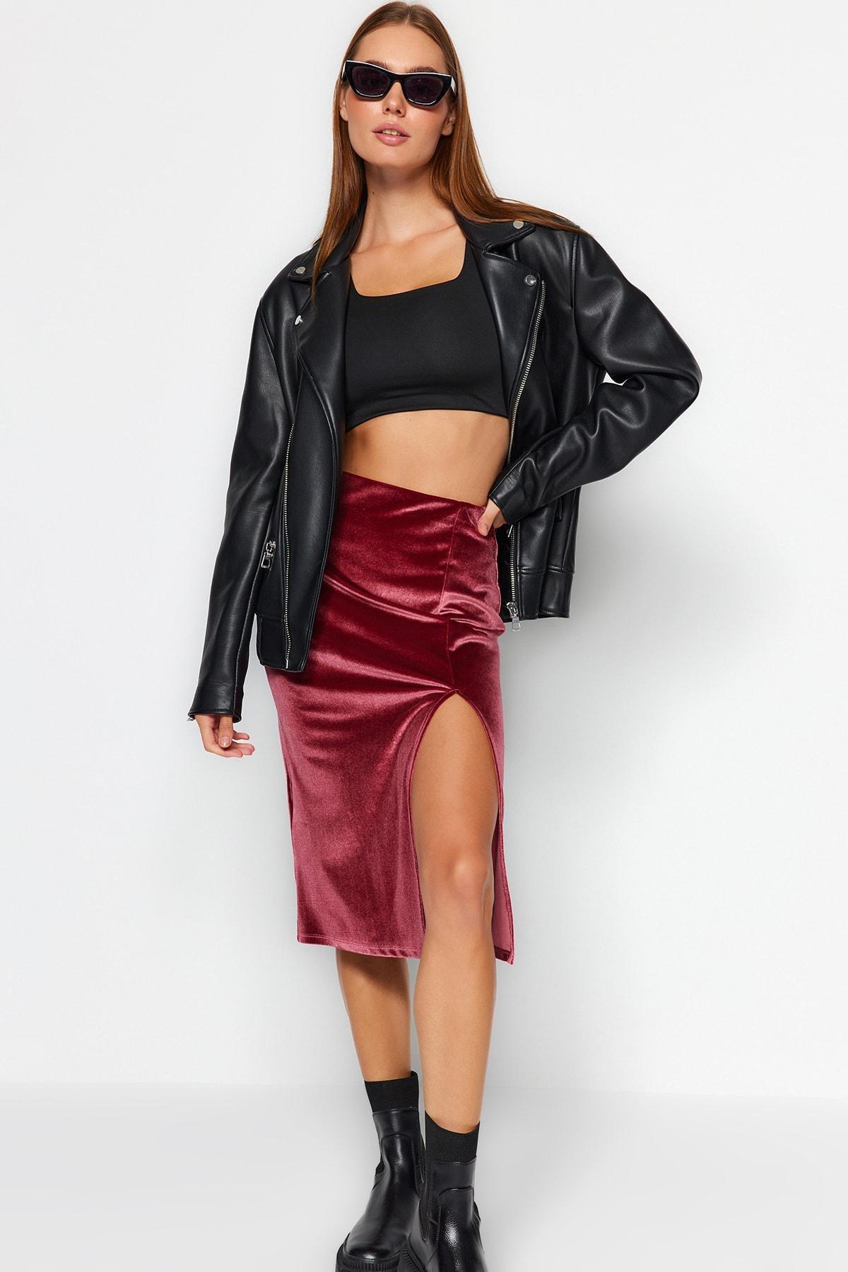Pink Velvet Slit Knitted Midi Skirt, C101_1633, large image number 0