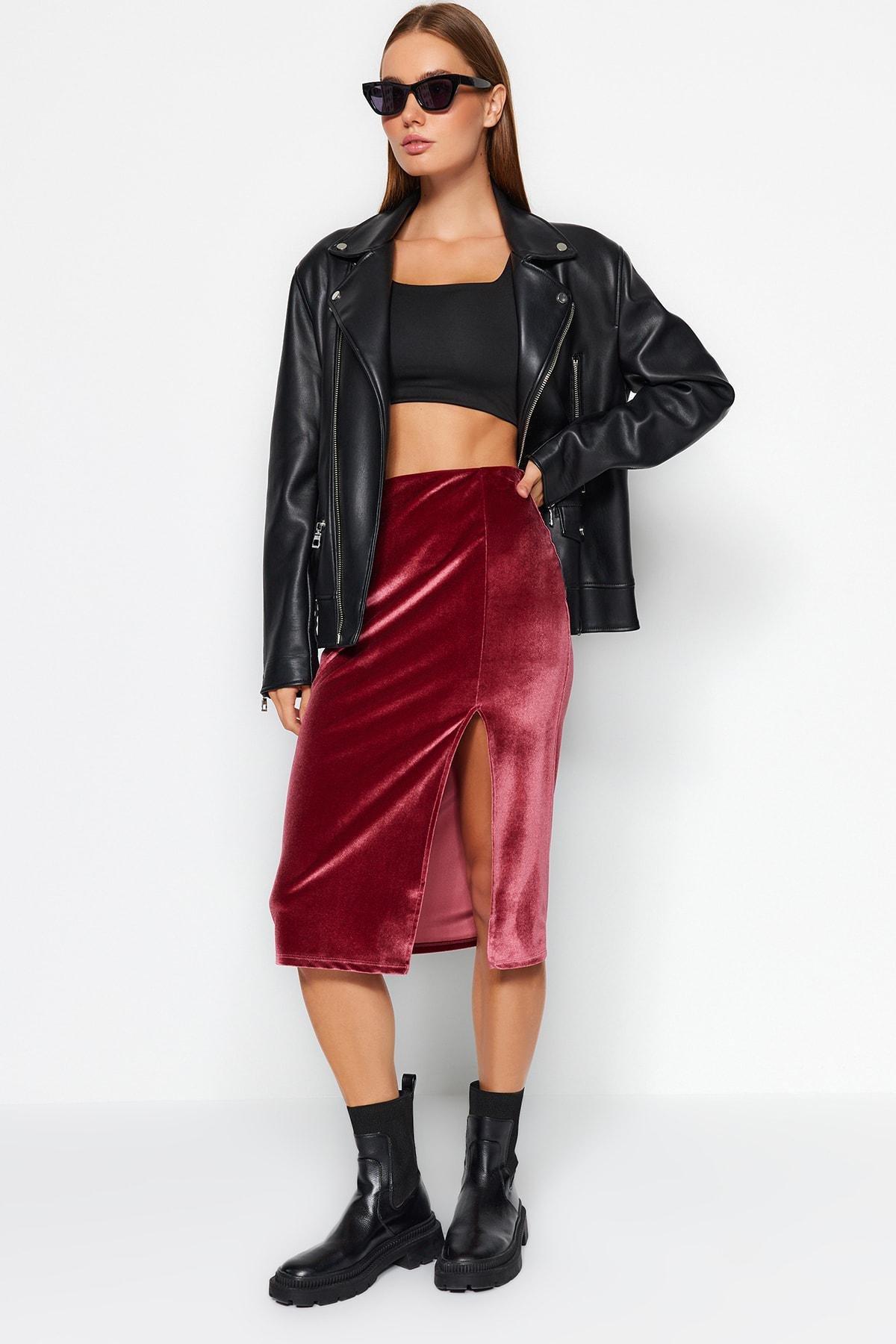Pink Velvet Slit Knitted Midi Skirt, C101_1633, large image number 1