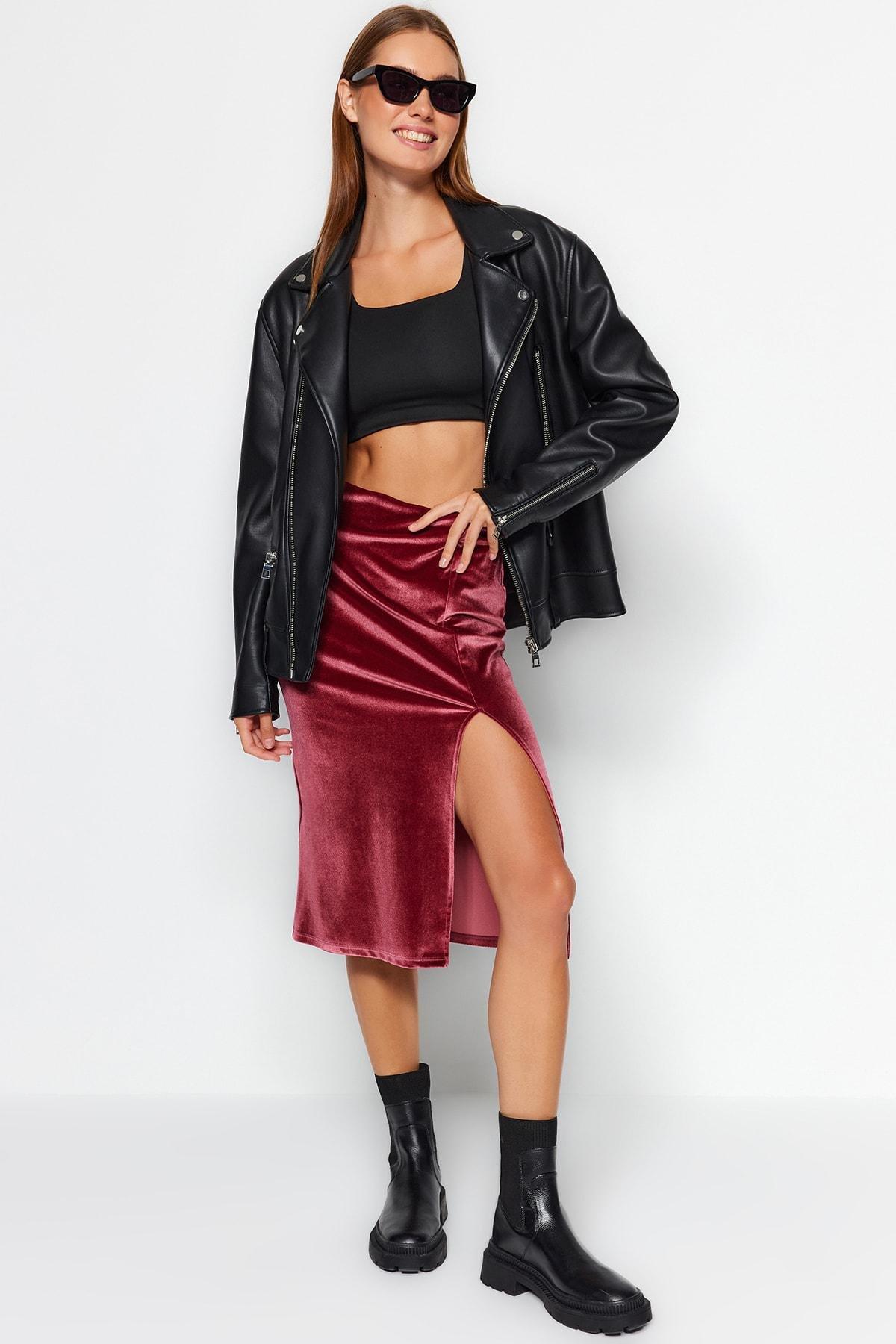 Pink Velvet Slit Knitted Midi Skirt, C101_1633, large image number 2
