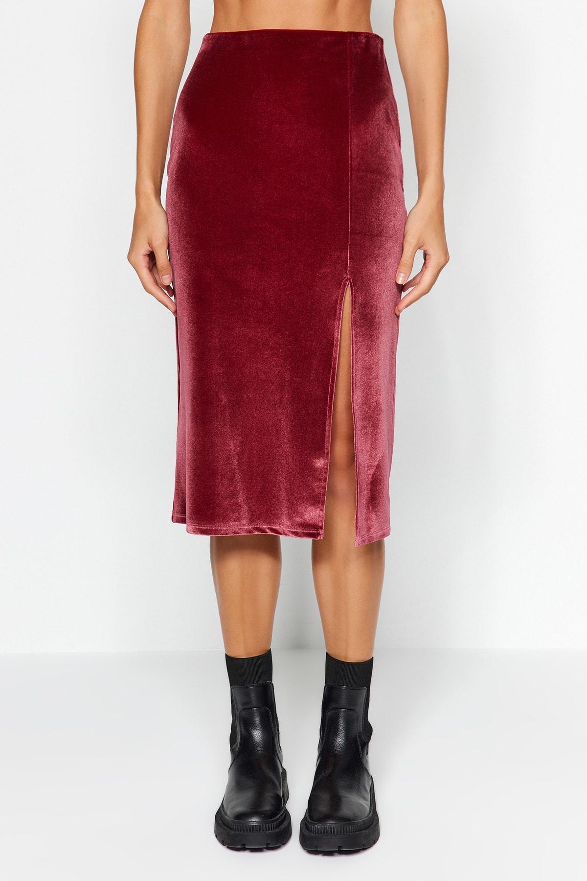 Pink Velvet Slit Knitted Midi Skirt, C101_1633, large image number 3