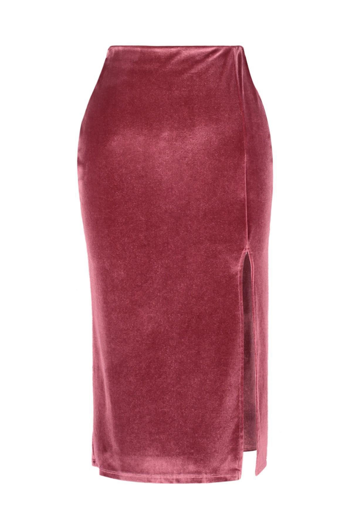 Pink Velvet Slit Knitted Midi Skirt, C101_1633, large image number 5