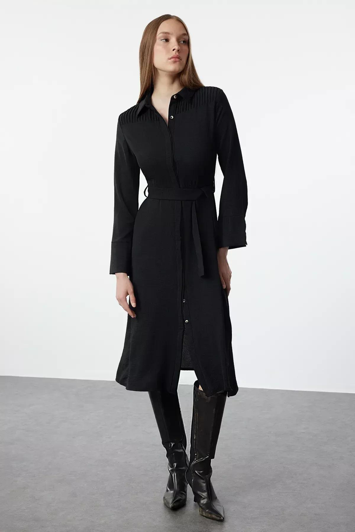 فستان بتصميم قميص مُحاك بحزام، أسود, BLACK, large image number 0