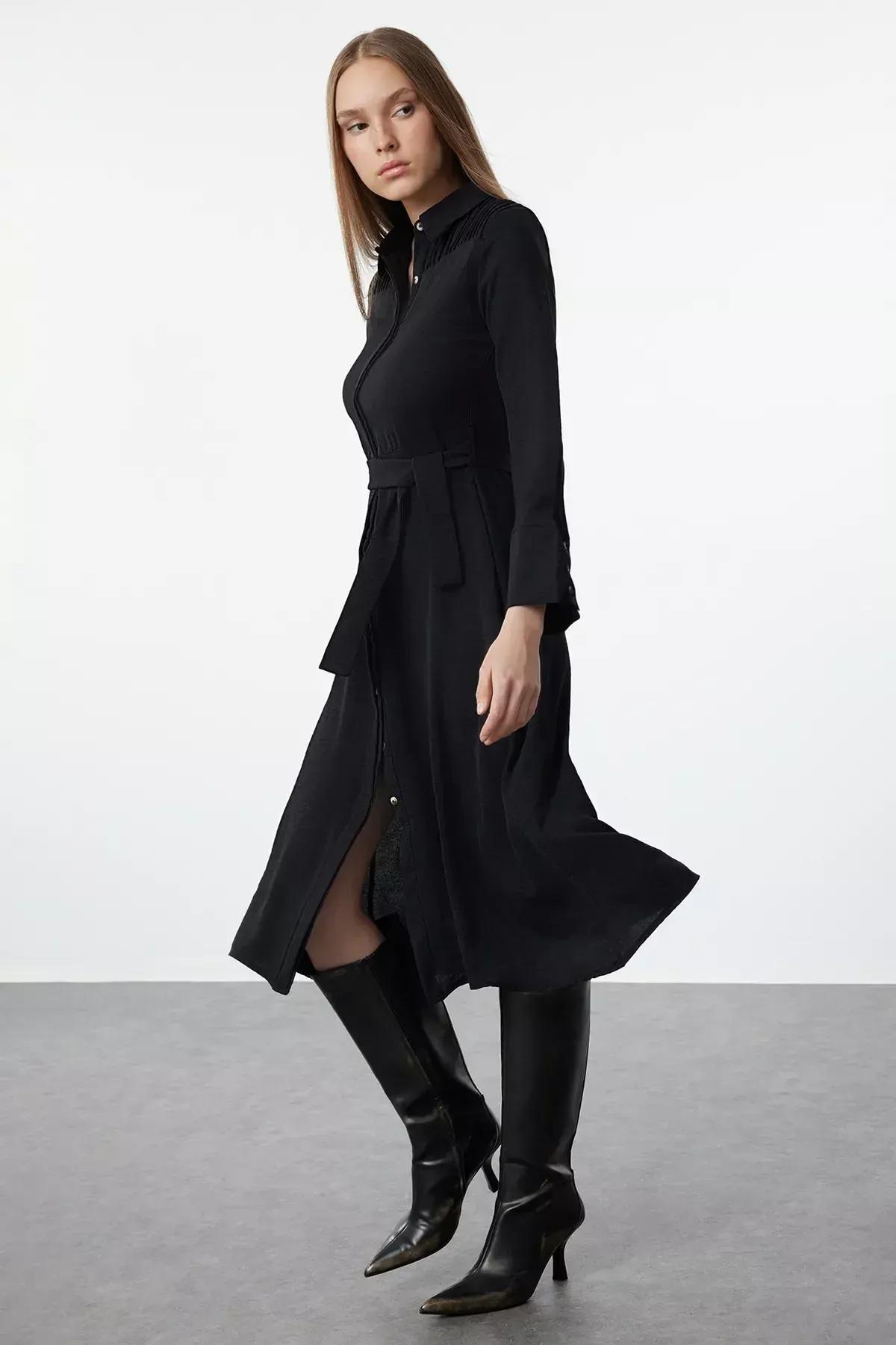 فستان بتصميم قميص مُحاك بحزام، أسود, BLACK, large image number 1