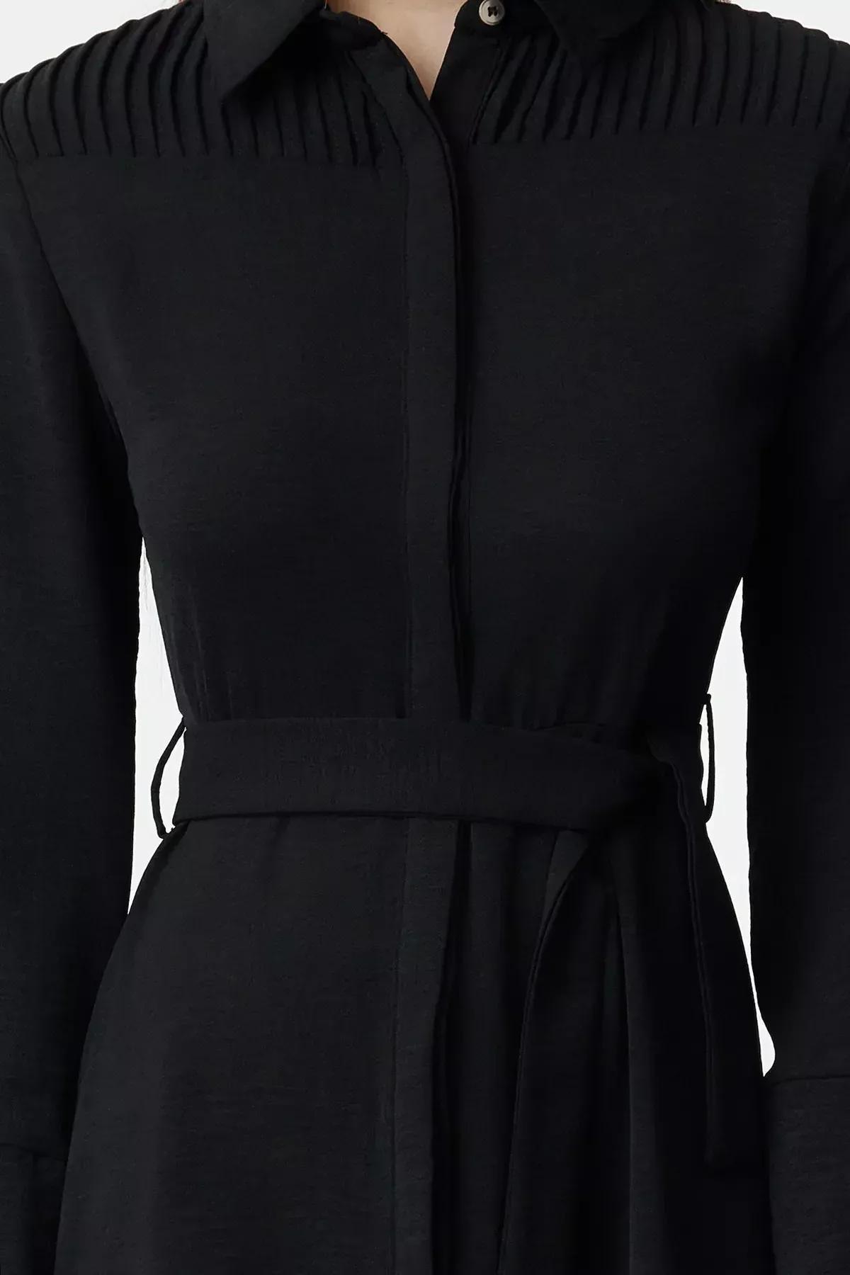 Black Belted Knitted Shirt Dress, , large image number 2