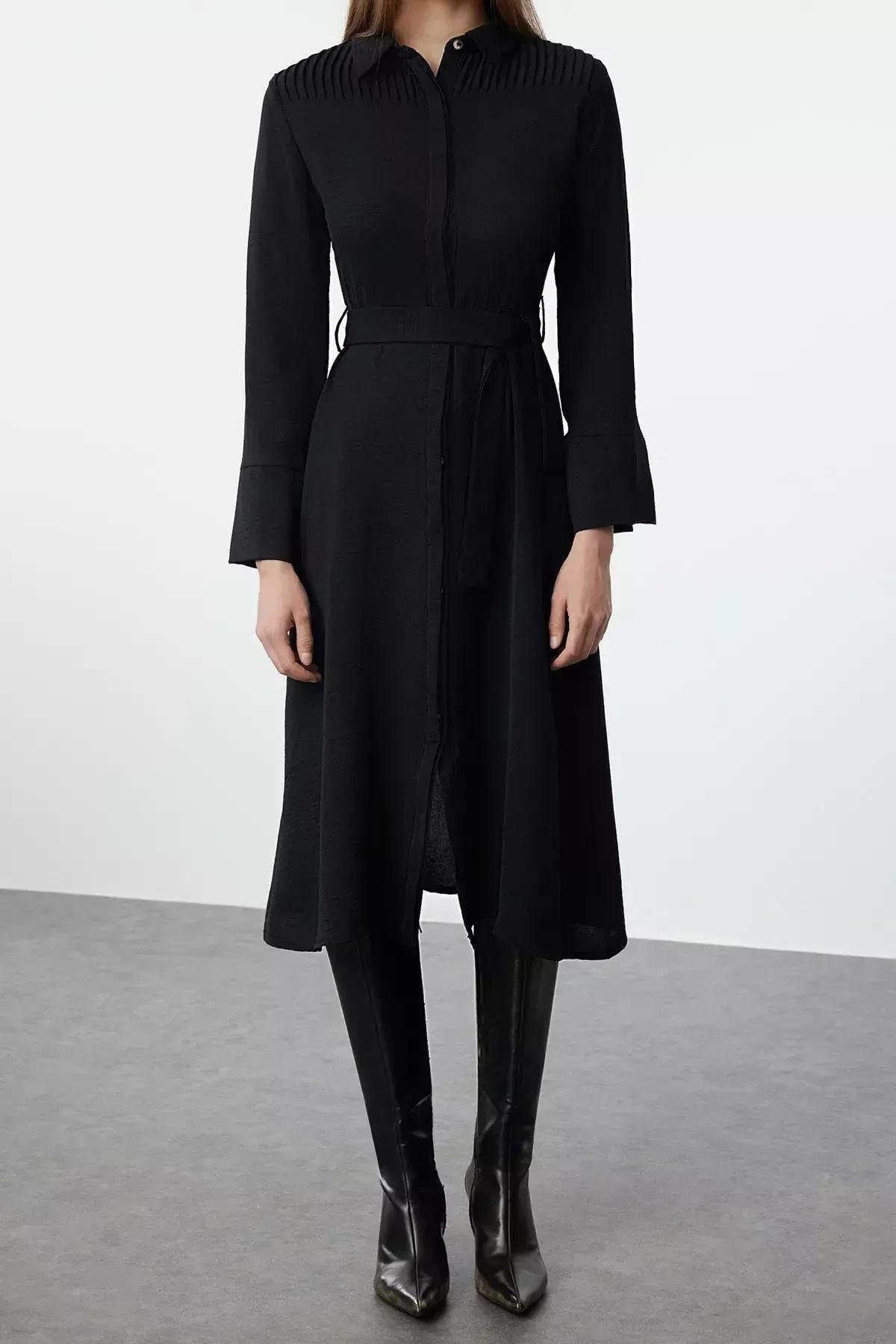 فستان بتصميم قميص مُحاك بحزام، أسود, BLACK, large image number 3