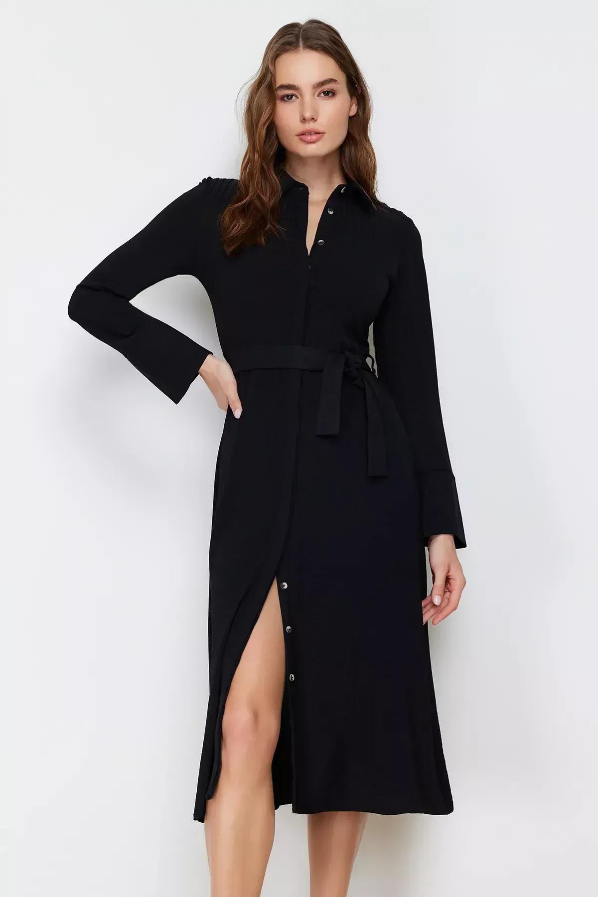 فستان بتصميم قميص مُحاك بحزام، أسود, BLACK, large image number 5