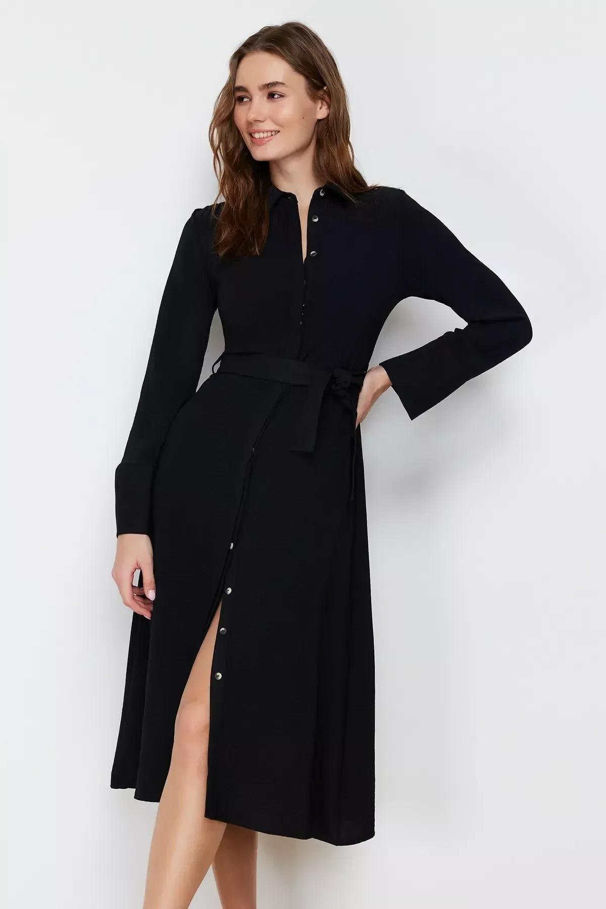 فستان بتصميم قميص مُحاك بحزام، أسود, BLACK, large image number 6