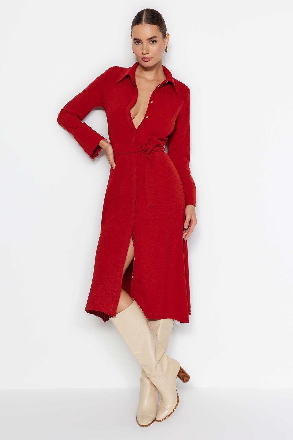 Red Belted Knitted Shirt Dress, , large image number 0