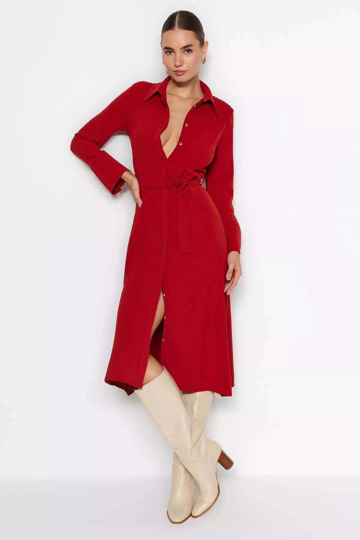 Red Belted Knitted Shirt Dress, , large image number 0