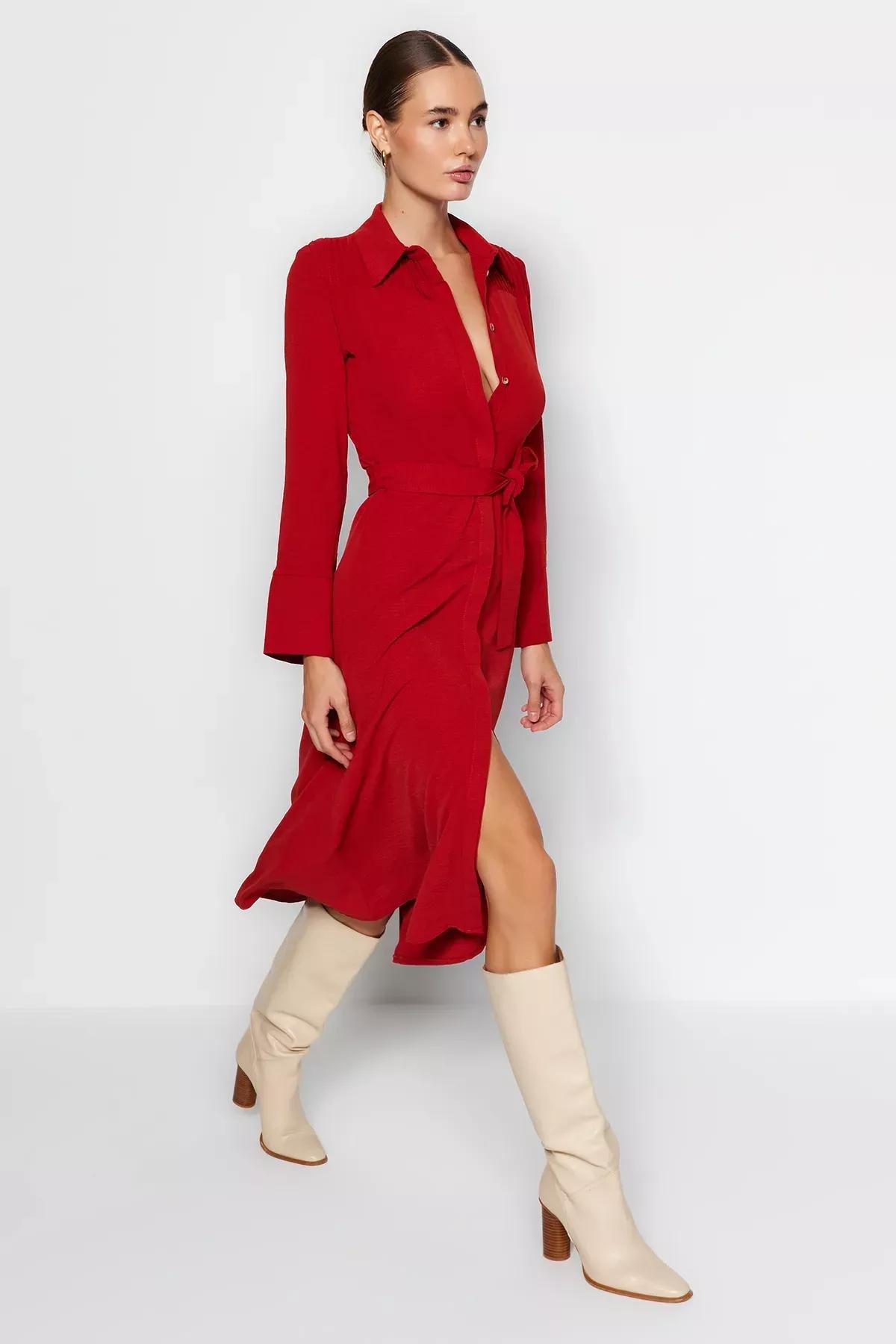 Red Belted Knitted Shirt Dress, , large image number 1