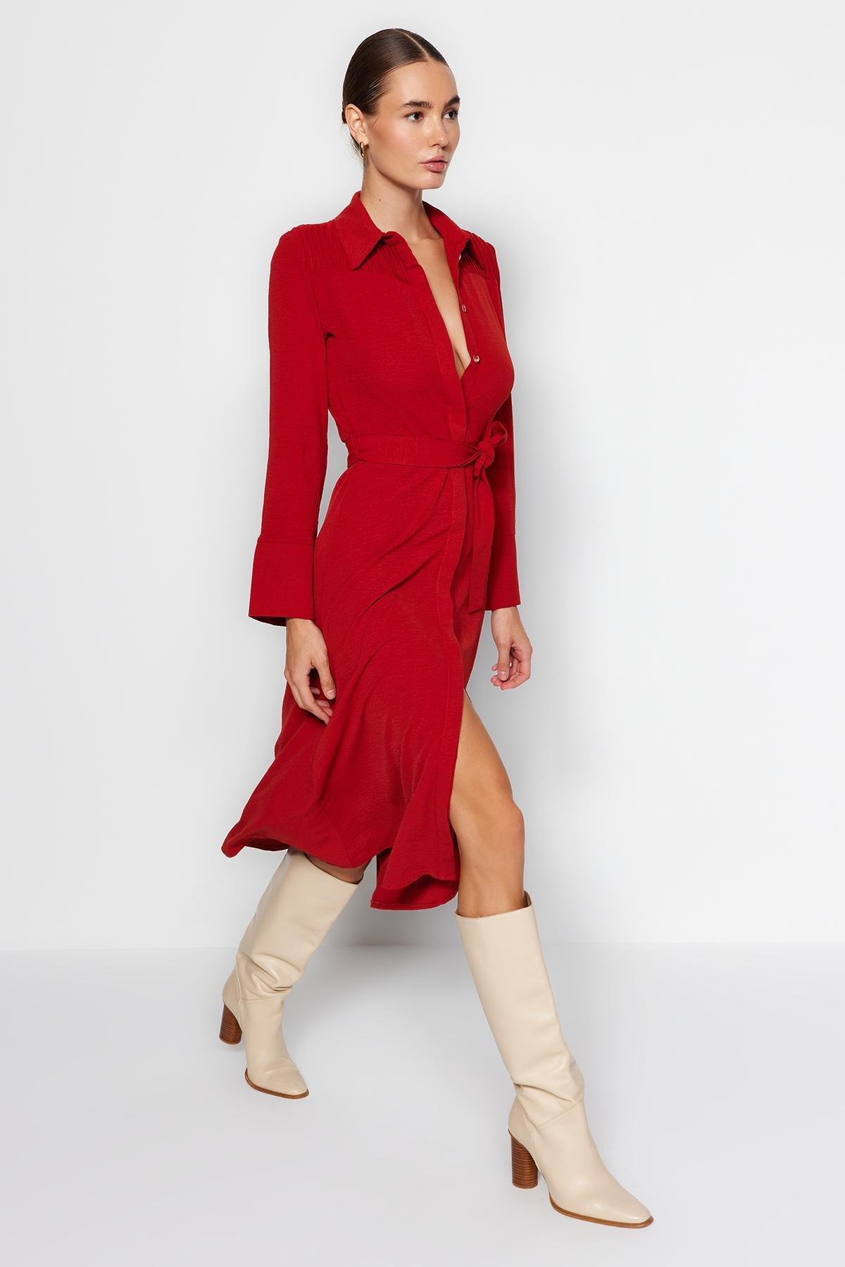 Red Belted Knitted Shirt Dress, , large image number 1