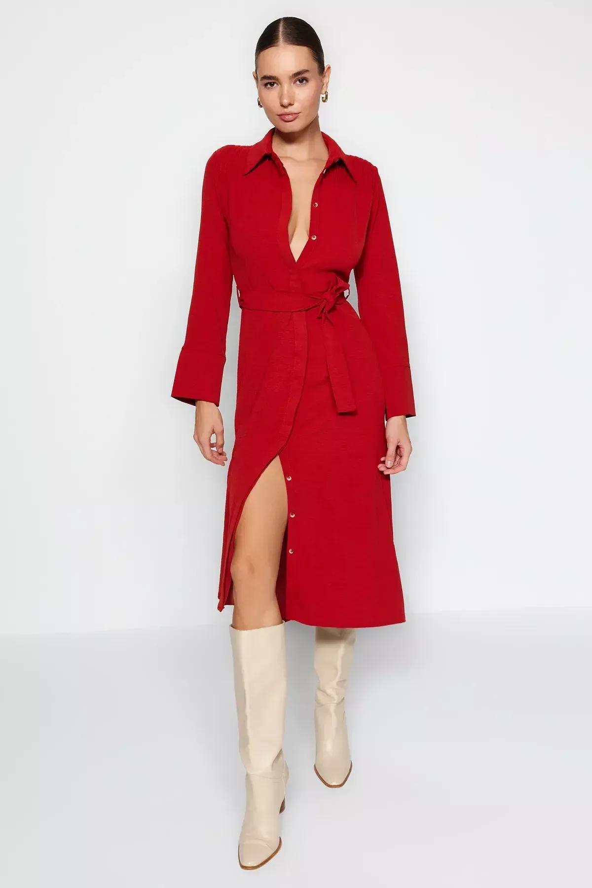 Red Belted Knitted Shirt Dress, , large image number 2