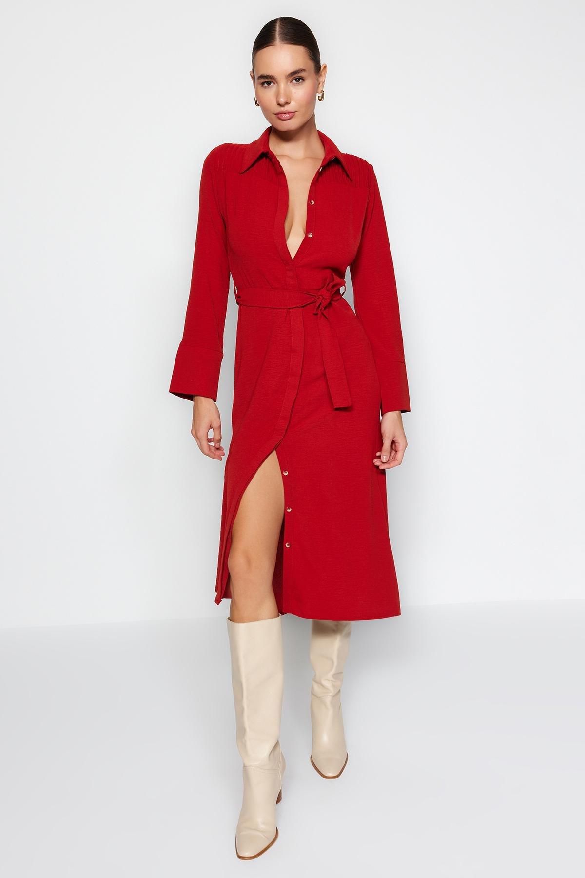 Red Belted Knitted Shirt Dress, , large image number 2