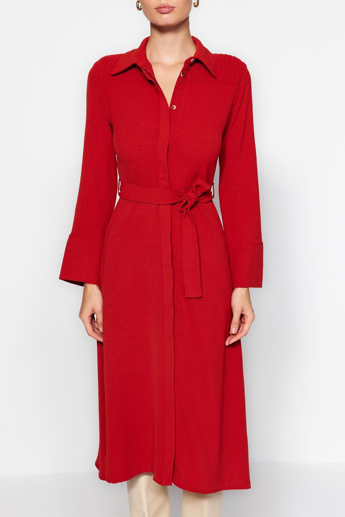 Red Belted Knitted Shirt Dress, , large image number 3