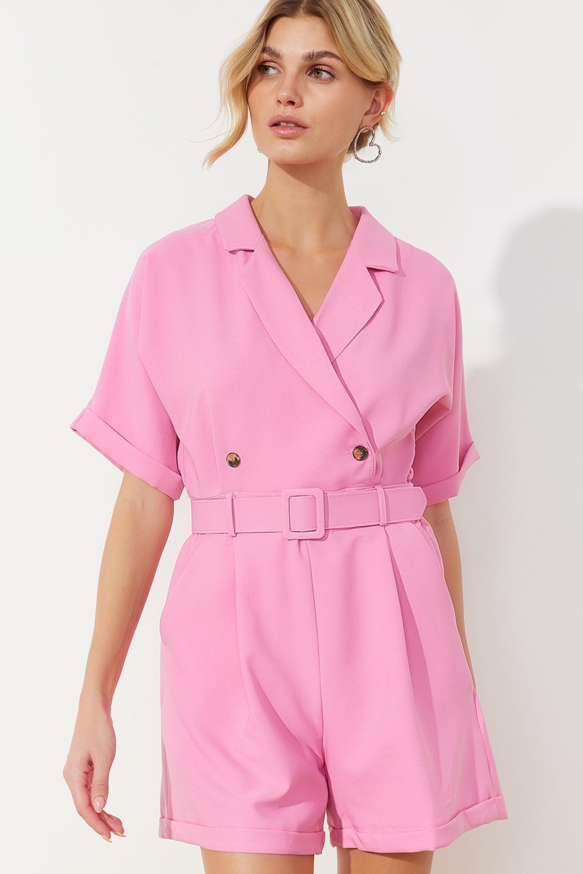Pink Belted Double-Breasted Mini Jumpsuit, , large image number 2