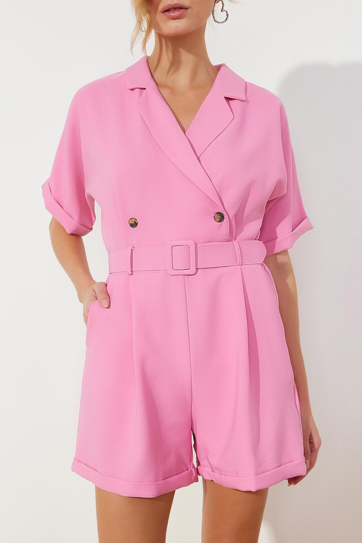 Pink Belted Double-Breasted Mini Jumpsuit, , large image number 3