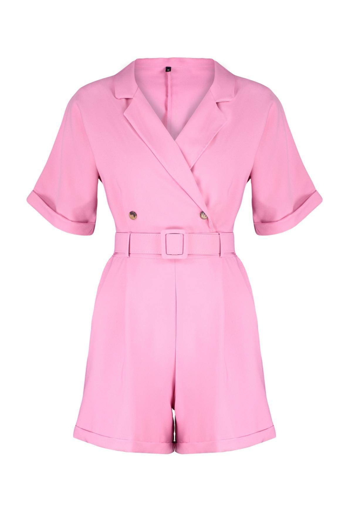 Pink Belted Double-Breasted Mini Jumpsuit, , large image number 5