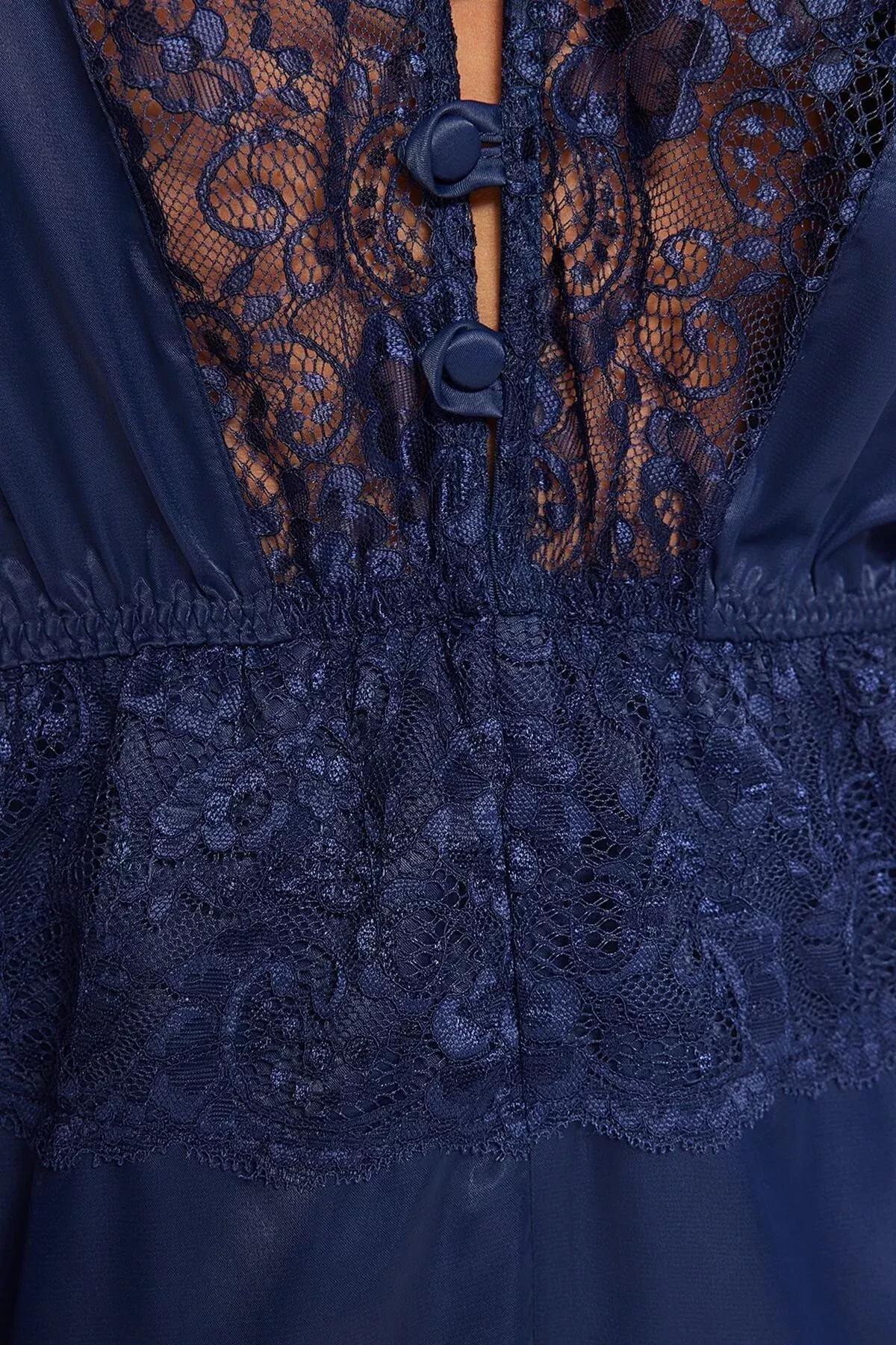 Navy Satin Laced Nightgown, Navy blue, large image number 3