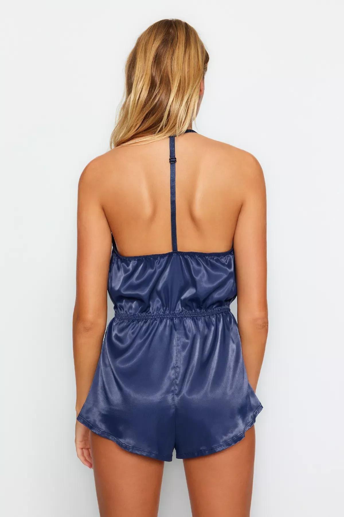 Navy Satin Laced Nightgown, Navy blue, large image number 4