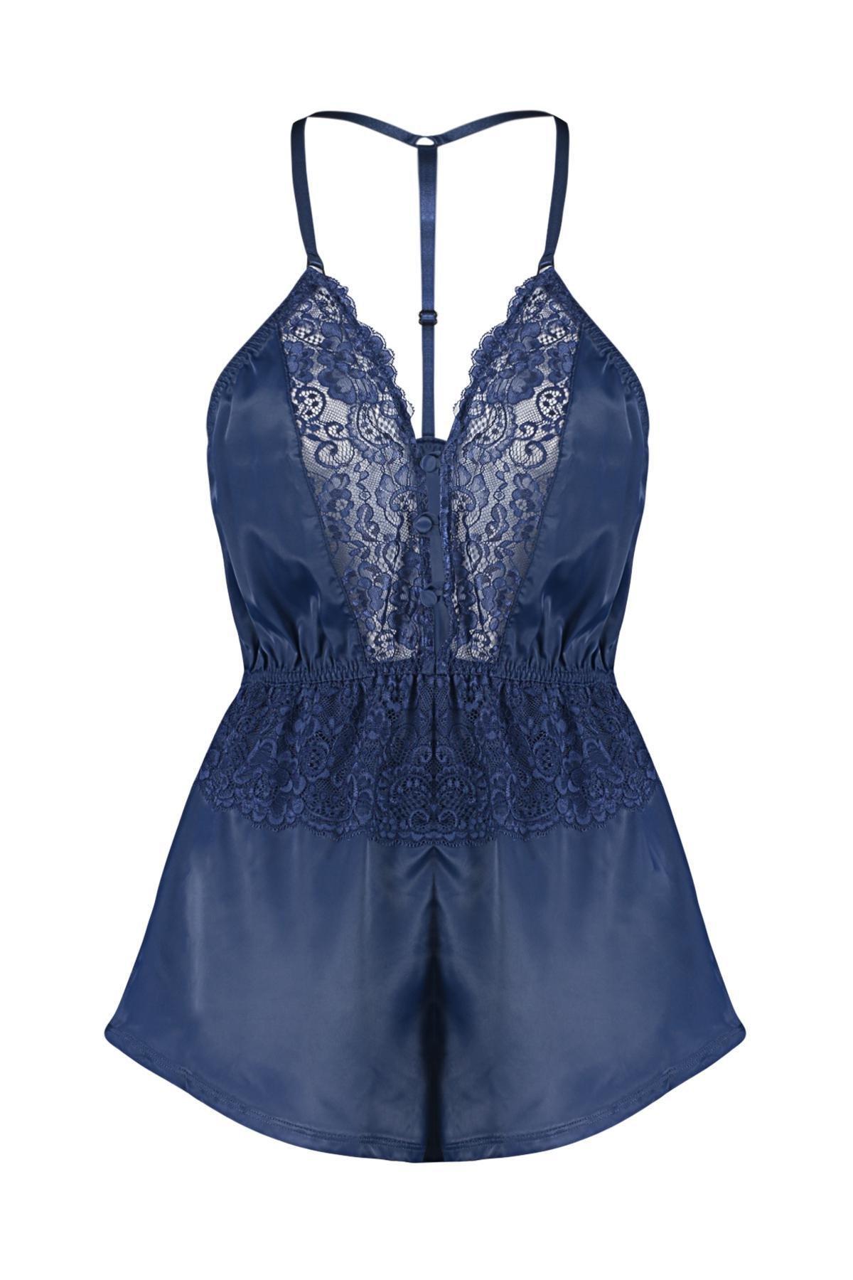 Navy Satin Laced Nightgown, , large image number 7