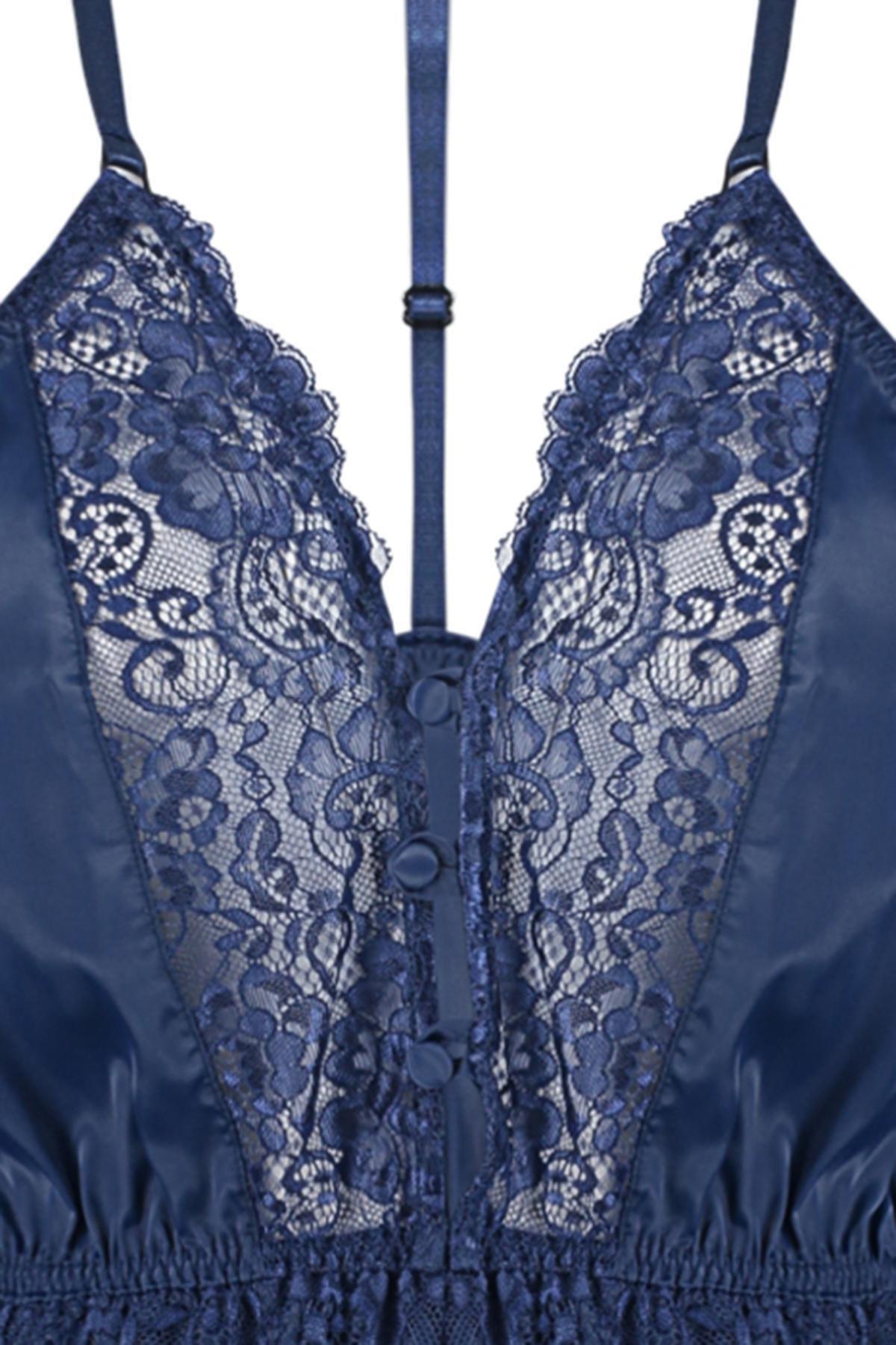 Navy Satin Laced Nightgown, , large image number 8