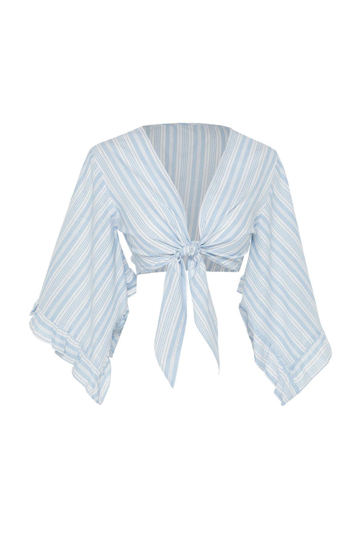 Trendyol - Blue Striped Cropped Tie Front Blouse